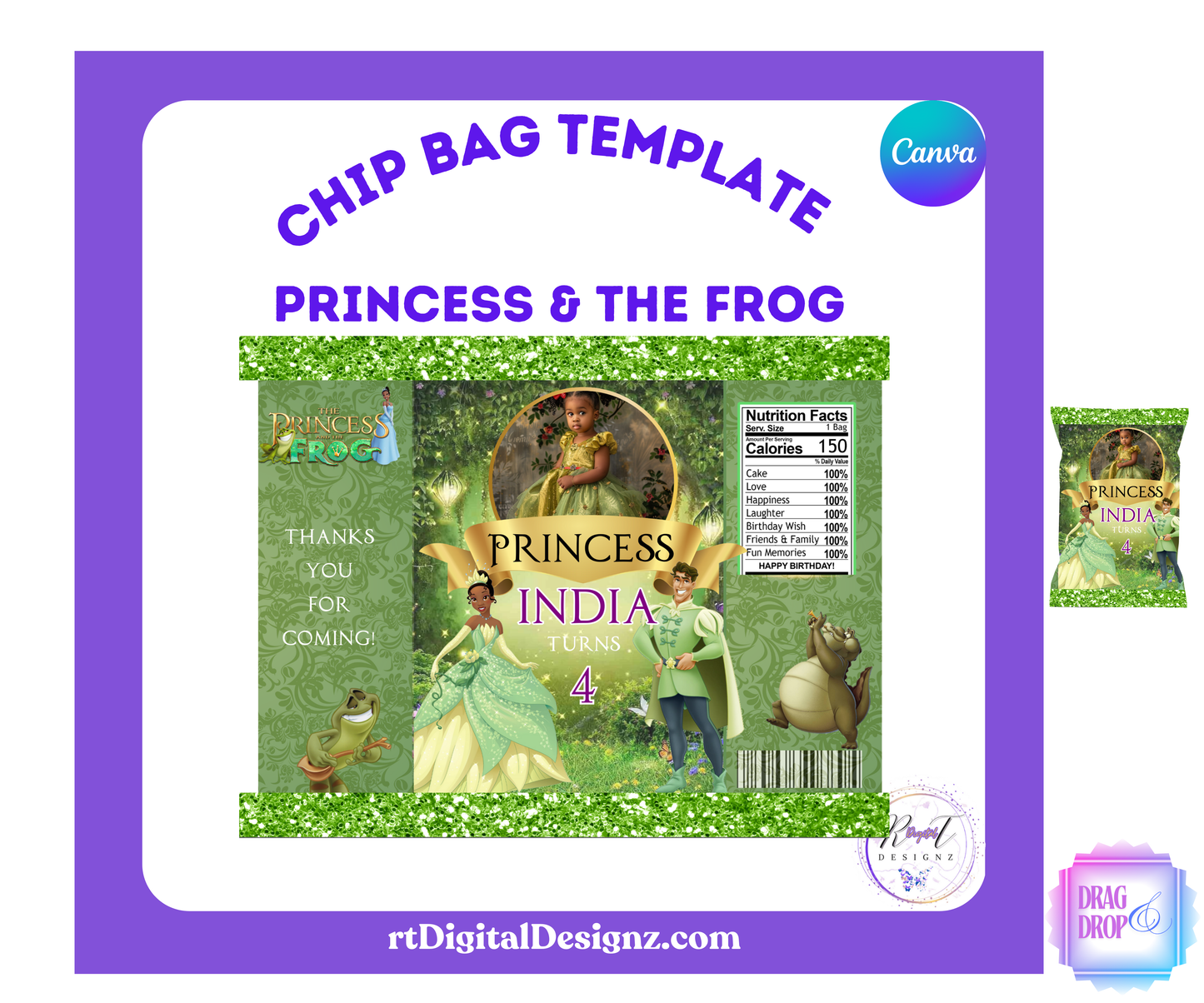 Chip Bag Template with Mock-Up (Princess & the Frog)