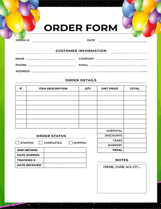 Template for Customer Order Form