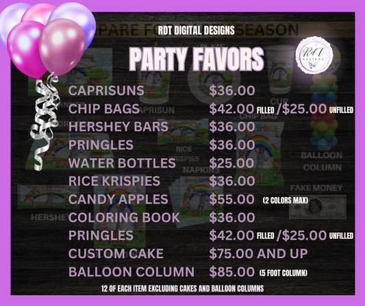 Party Favors Pricing List Template